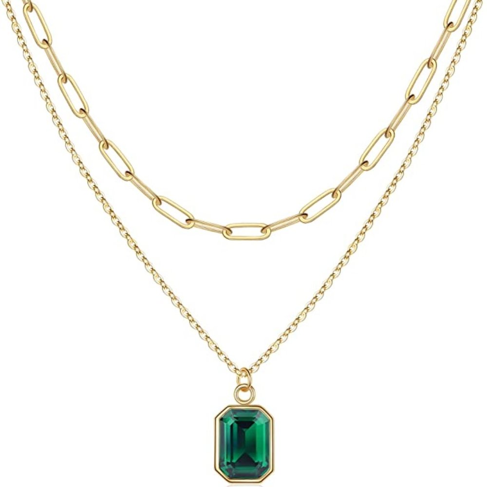 Women, Real Gold Plated Birthstone Necklace for Women Layered Paperclip Chain Ch